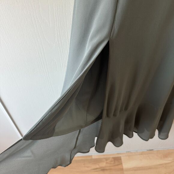 Show Me Your MuMu Claire Midi Deep Sage Green Chiffon Slit Smocked Dress Size L - Picture 6 of 9